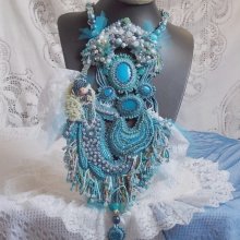 Necklace Plastron La Petite Sirène Haute-Couture embroidered with semi-precious stones of Howlite, Moonstones and Crystals